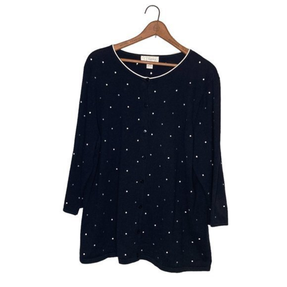 CJ Banks Size 1X‎ Black White Embroidered Polka Dot Cotton Cardigan Sweater Plus